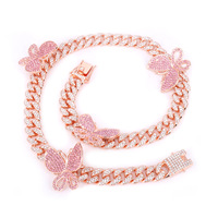 Collar de Cadena Cubana de Aleación de Zinc con Mariposa en Oro Rosa y Alas de Cristal Rosa, Estilo Iced Out, para Hombres y Mujeres, Joyería Hip Hop de Moda