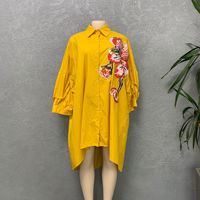 Robe chemise décontractée pour femme, grande taille, à manches courtes, en mousseline de soie et dentelle, ornée de cristaux, boutonnée, coupe ample, mini, unie, printemps-été