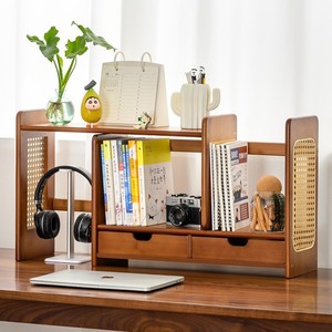 Retractable Rattan Bookshelf <b>Desktop</b> Organizer Multi Layer Office Storage <b>Shelf</b> Simple Style Standing Type Rectangle Shape - Product Image 1
