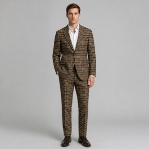 Completo da Uomo in Tessuto Pied-de-Poule Marrone, Giacca <span class=keywords><strong>e</strong></span> <span class=keywords><strong>Pantaloni</strong></span> da Lavoro con Risvolto a Revers, Abbigliamento Formale - Product Image 1