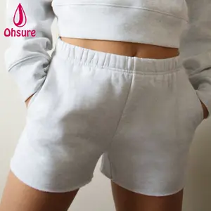 Wholesale Custom Logo High-waisted Sweat Shorts Women Fitness Gym Training Shorts Inseam Pockets Raw Hem Casual High Waist Loose