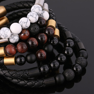 Natural Stone Beaded <b>Leather</b> <b>Bracelet</b> | Handmade Braided Genuine <b>Leather</b> with Magnetic PVD Gold Clasp | Men's Fashion Jewelry - Product Image 4