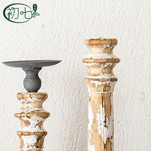 American Country Style Vintage Distressed <b>Candlestick</b> Wood Yellow Round Ironwood Wedding Lights Foyer Decoration - Product Image 5