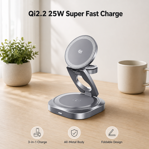 แท่นชาร์จไร้สายแม่เหล็กแบบพับได้ 3 in 1 ได้รับการรับรองมาตรฐาน 25W ชาร์จเร็ว ตัวเครื่องโลหะ สำหรับ iPhone 16 15 Pro Max และนาฬิกา - Product Image 1