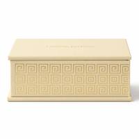 Boîtes rigides recyclables personnalisées en blanc crème pour cosmétiques et parfums, avec estampage à chaud doré, impression quadricolore et motif clé grecque