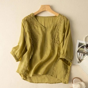 Women's Embroidered Cotton Linen Top Loose Fit Three Quarter Sleeves Vintage Style Casual Blouse Breathable Summer Wear - Product Image 4
