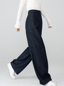 Jean large taille haute pour <span class=keywords><strong>femme</strong></span>, <span class=keywords><strong>bleu</strong></span> <span class=keywords><strong>marine</strong></span>, style vintage américain, coupe droite décontractée, amincissant, pour le printemps - Product Image 4