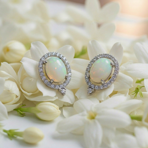 Pendientes Clásicos de Ópalo con Halo de Moissanita, Chapados en Rodio, Plata 925, Joyería para Mujer y Niña, Uso Diario, Regalo para Fiestas - Product Image 1