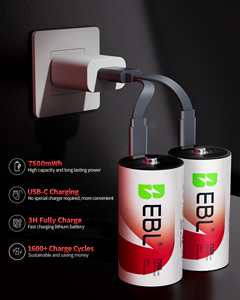 EBL có thể sạc lại <span class=keywords><strong>D</strong></span> Pin 4 gói <span class=keywords><strong>lithium</strong></span> với 7500mwh 1.5V 2 USB-C phí cáp lý tưởng cho Flameless nến và đèn pin - Product Image 3