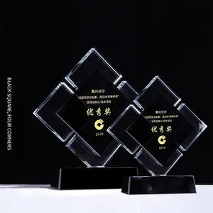 Honor Of Crystal Customized Black Square With Four Corners Trophy Business Souvenir Glass Award