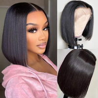 Perruques Courtes Bob Lisses et Soyeuses Naturelles en Cheveux Humains, Perruques Lace Front Pas Chères en Cheveux Humains pour Femmes Noires, Perruques Frontales HD en Dentelle