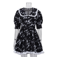 Robe trapèze femme personnalisée à col Claudine, manches bouffantes, taille haute et blocs de couleur, motif floral français