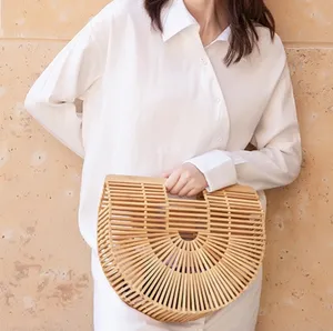 Hot Selling Womens Bamboo Semi-Circle Outdoor Handbag Handmade Large Tote Bag Straw Beach Bags