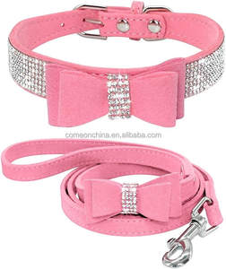 Ensemble collier et laisse pour chien en cuir véritable avec cristal scintillant et nœud papillon pour chat - Product Image 2