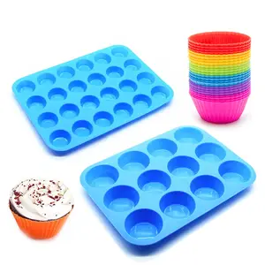 硅胶松饼和蛋糕烤盘套装 (12和24杯)，蓝色家用厨房橡胶托盘和模具