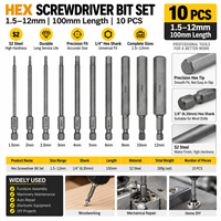 Jeu de 10 embouts de tournevis hexagonaux Allen de 100 mm de long, 1,5-12 mm, en acier S2, tige hexagonale de 1/4 pouce pour perceuse-visseuse