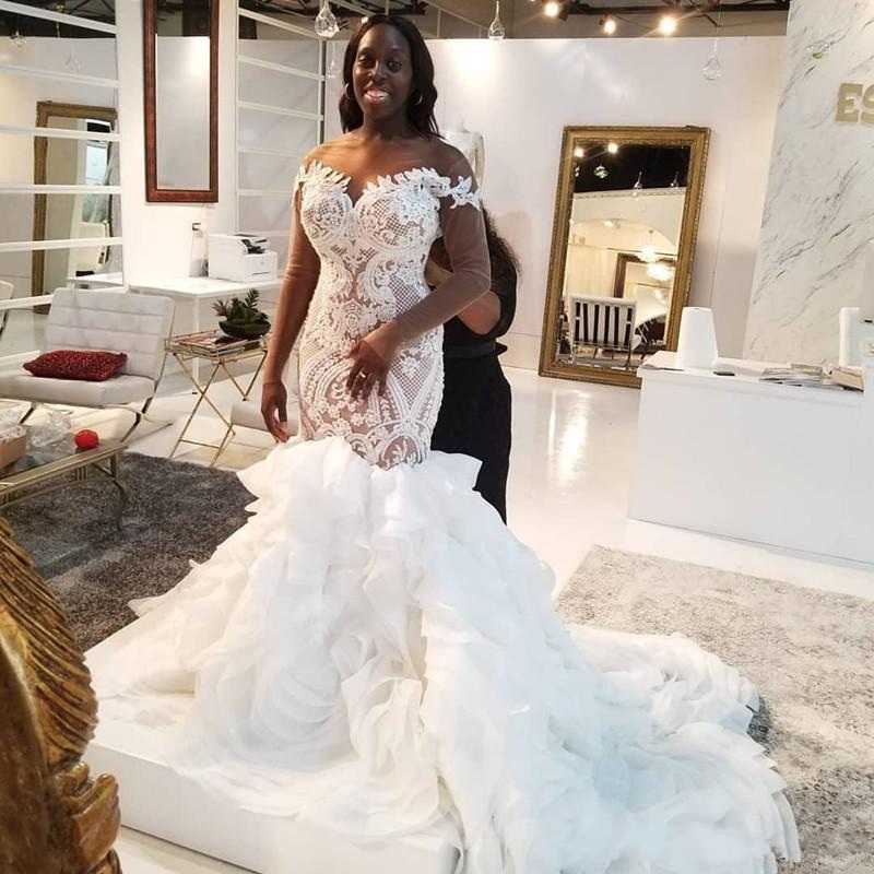 knee length dresses for ladies Mermaid Trumpet Long Sleeve Satin Lace Wedding Dress main image 0