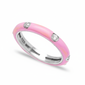 Anillo de Plata de Ley 925 Hecho a Mano en Turquía con Diseño de Circonita Transparente y Esmalte Rosa - Product Image 2