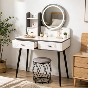 Modern Makeup <b>Vanity</b> With Lighted Mirror Storage Drawers Bedroom Dressing <b>Table</b> With Stool - Product Image 2