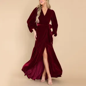 Best Sale Treasure Burgundy Velvet Maxi Dress True-Wrap Style Skirt Fashionable And Elegant Dresses