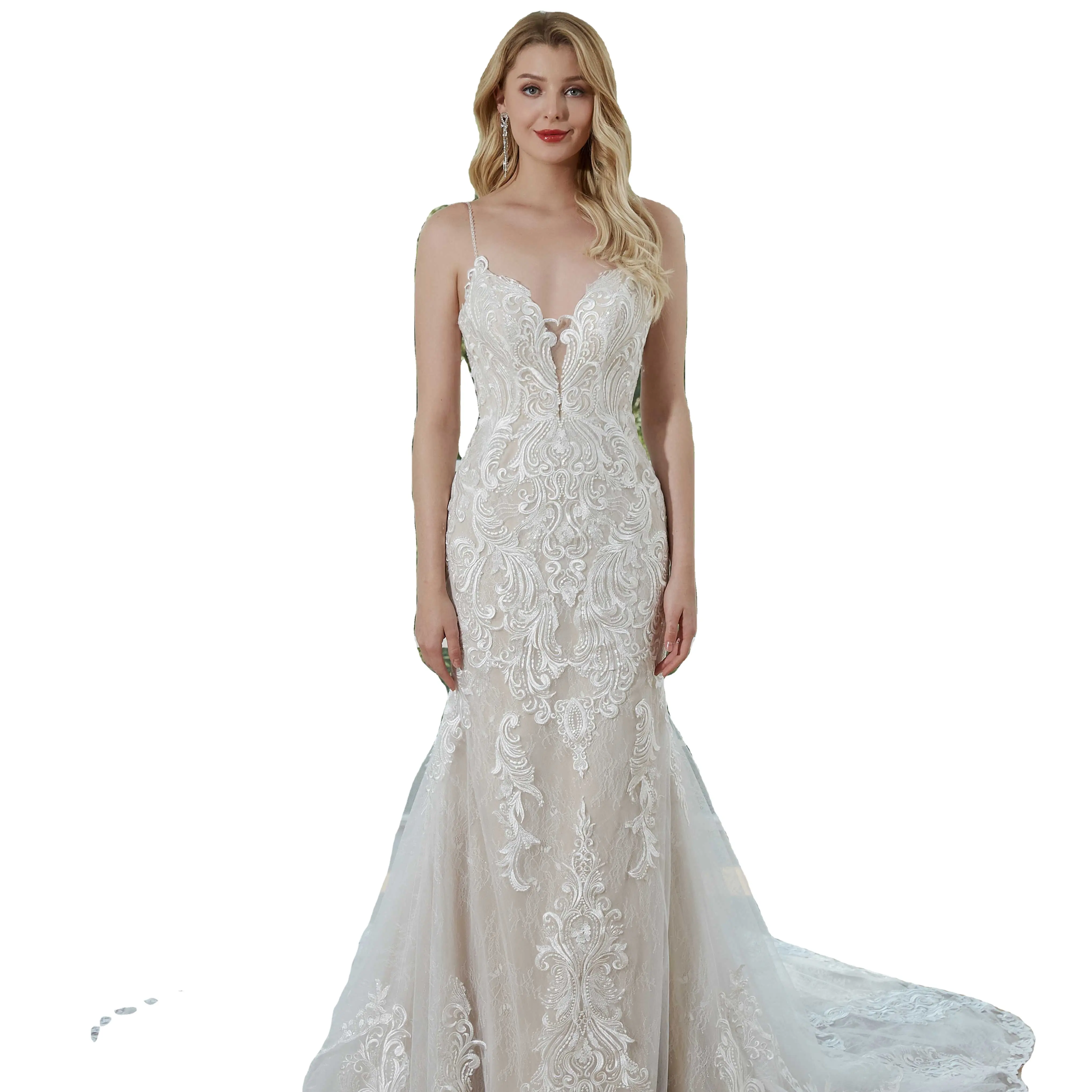WT4355 Wholesale Mermaid Wedding Dress V Neck With Beaded Straps Flower Train Bridal For 2023