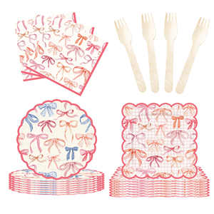 Platos, Vasos y Servilletas Desechables de Papel con Diseño de Nudo Rosa y Forma de Ola DAMAI, con Juego de Cubiertos para Fiestas de Niñas - Product Image 3