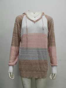 Autumn Women Patchwork Hooded Sweater Long Sleeve V-neck Knitted Sweater Casual <strong>Striped</strong> Pullover <strong>Jumpers</strong> New Female Hoodies - Product Image 5