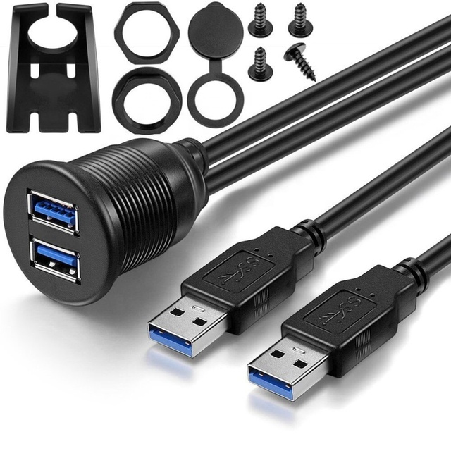 1M USB 3.0 Port Male to Female Extension Cable Waterproof Flush Mount Dual USB Dock Adapter Dashboard Pan for Car Motorcycle