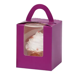 Custom Logo Sturdy Premium Pastry Sweets Cupcakes Party Gifts With Window Insert Handle Purple Cake Box