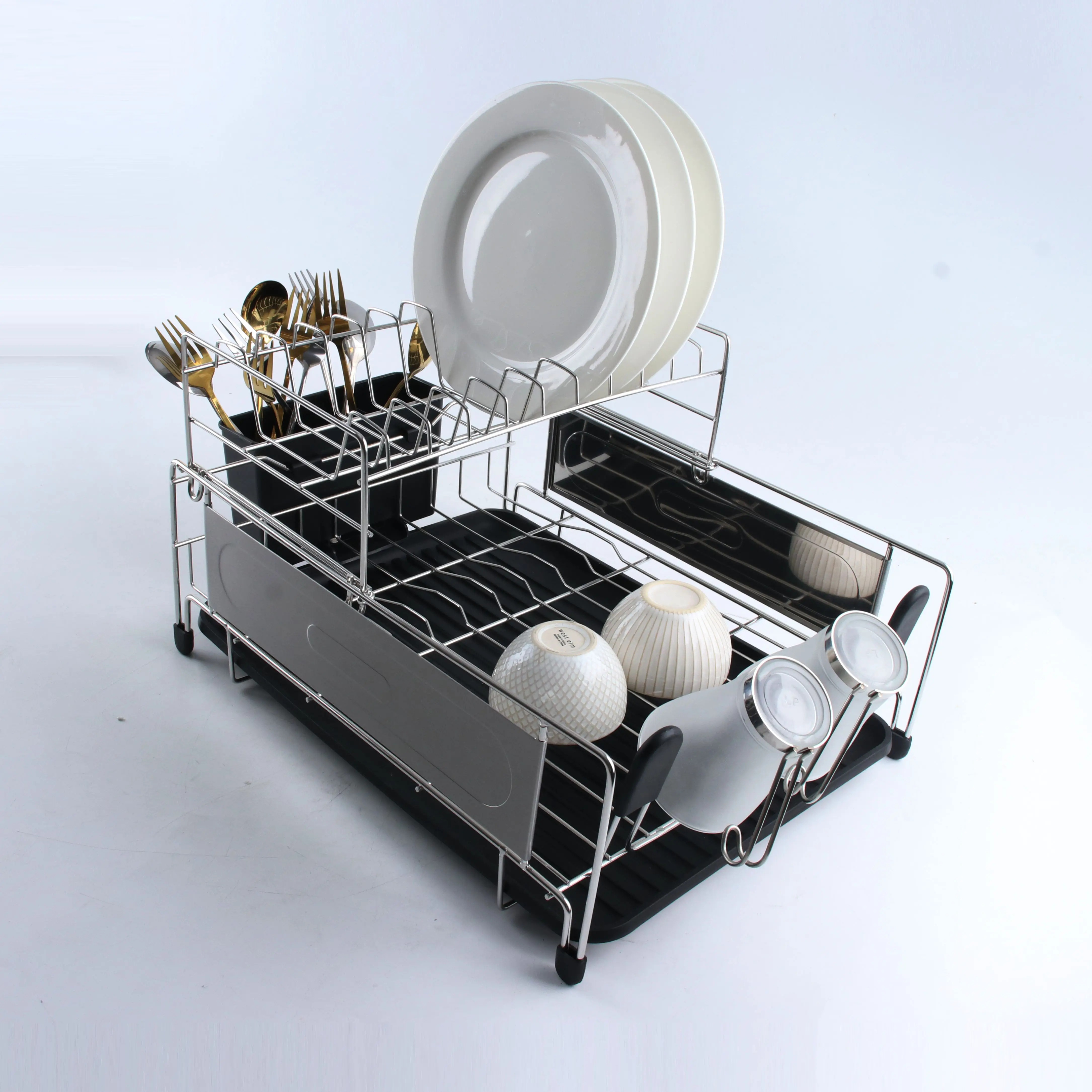 オールインワン多機能304ステンレス鋼2層皿水切りラックキッチン皿収納ラック