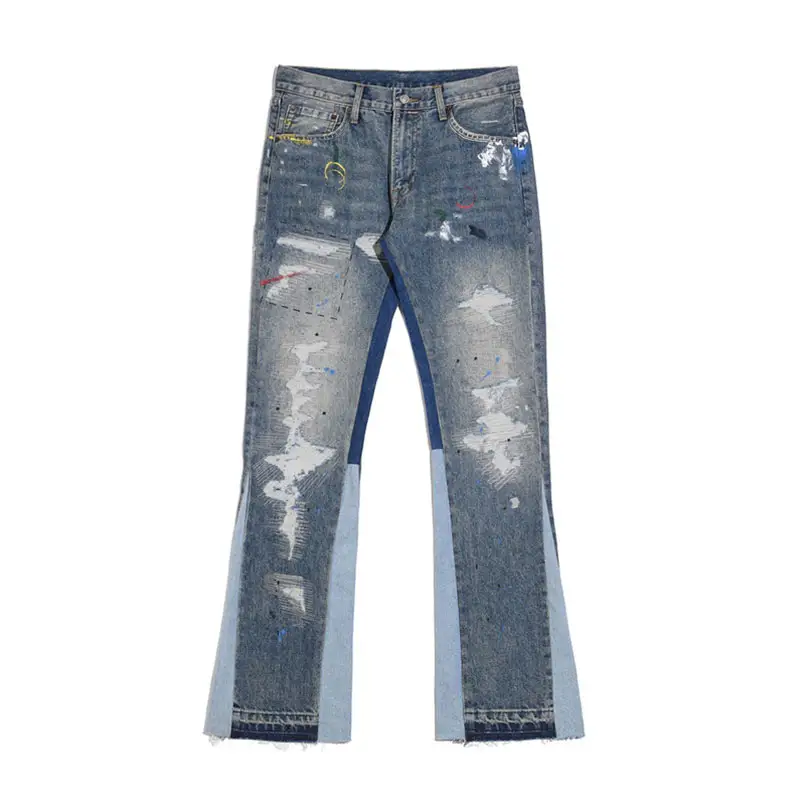 Dipingi i nuovi pantaloni in Denim con fondo a campana di Design Jeans strappati Vintage di alta qualità personalizzano gli uomini svasati impilati