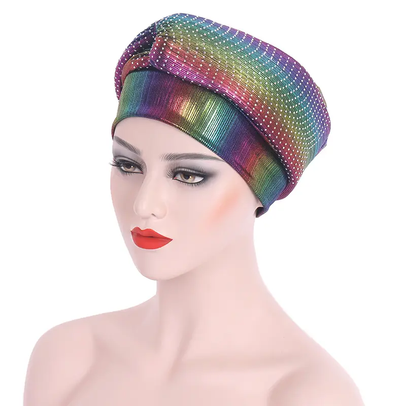 Ready to ship 2022 latest nigerian turban hat fashion rhinestone sponge headtie round turban cap scarf women