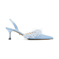 Chaussures de soirée et de mariée haut de gamme pour femmes 2026, modèle slingback en vernis bleu, avec empeigne en satin et décorations de perles