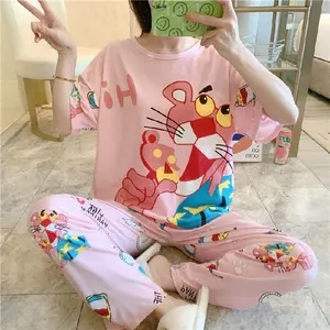 Women der Cartoons Sleepwear Short Sleeve Pants 2Pcs Sets Pajamas Milk Oversize Korean Style Cute Leisure Loung Wear For Women