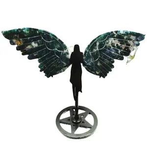 Natural Moss Agate Stone Butterfly Wing Angel's Wings Hand Carved Goddess Crystal Wing Carving For Decoration