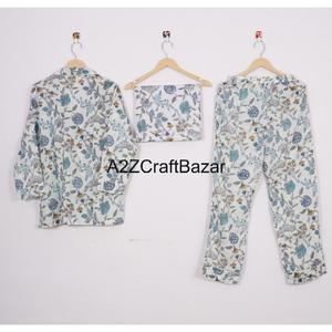 Conjunto de pijama de algodón 100% para mujer, camisón cómodo con estampado Floral azul, pantalones de manga larga, cintura elástica, ropa de dormir personalizada para - Product Image 6