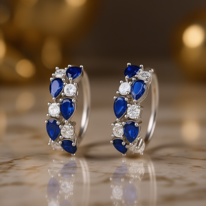 Aros Clásicos de Plata 925 con Zafiro y Diamante de Corte Brillante Redondo con Engaste de Garra para Mujer, Joyería de Boda - Product Image 2