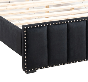 เตียงนอนสีดำขนาดควีนไซส์ 1 ตัว ปรับระดับได้ ดีไซน์ทันสมัย พร้อมชั้นวางของ ไฟ LED ตกแต่งด้วยผ้ากำมะหยี่แบบ Tufting และหมุดโลหะ เฟอร์นิเจอร์ห้องนอน - Product Image 6