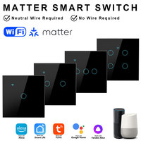 Interrupteur intelligent Wi-Fi Matter, norme UE, 1/2/3/4 voies, contrôle à distance par réseau, interrupteurs d'éclairage avec neutre, 10A, panneau en verre, condensateur
