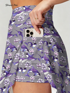 Falda pantalón deportiva para mujer con estampado de orcas y loto, morada, con motivos de vida <span class=keywords><strong>marina</strong></span> y florales, con bolsillo para teléfono, de cintura alta, para gimnasio - Product Image 2