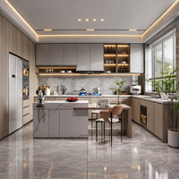 Meubles de cuisine modernes sur mesure avec îlot et table à manger, ensemble d'armoires de cuisine en bois avec vitrine de rangement et placard