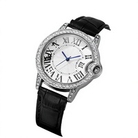 Montre pour femme élégante sertie de diamants, bracelet en cuir, mouvement à quartz, boîtier en alliage de 30 mm, cadran à aiguilles