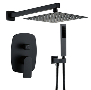 Ensemble de douche encastré pour hôtel, finition noir mat, avec robinet thermostatique à double poignée de 10 pouces, fonction pluie et massage, design dissimulé, valve en céramique - Product Image 1