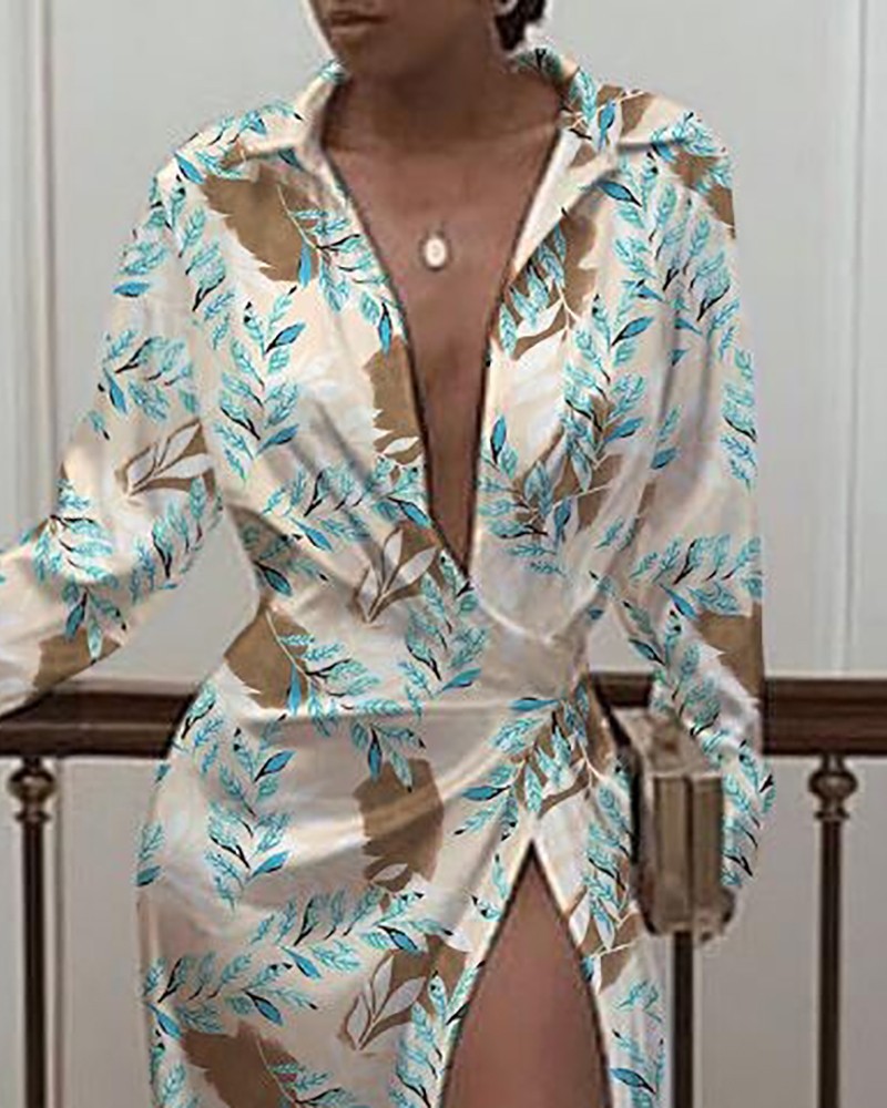 HYD6839 Autumn split mop dress shirt long sleeve printed dress for women