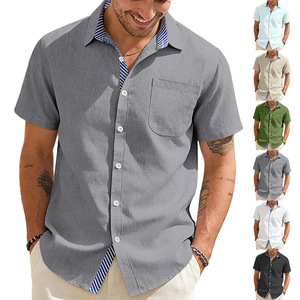 <span class=keywords><strong>Camicia</strong></span> da <span class=keywords><strong>uomo</strong></span> in <span class=keywords><strong>misto</strong></span> <span class=keywords><strong>lino</strong></span>, nuovo stile estivo 2026, con risvolto, bottoni, maniche corte, taschino, casual, traspirante, scollo a V - Product Image 1