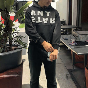 Sudadera con capucha de algodón de rizo francés de peso pesado lavada con ácido vintage personalizada para hombre de gran tamaño con bolsillo de diamantes de imitación impreso de punto teñido liso - Product Image 3