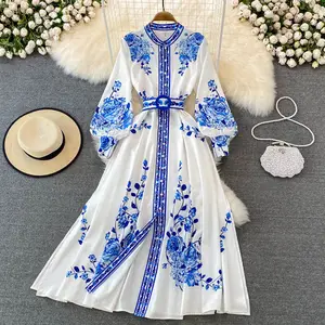 LY807 New 2022 Summer Design Long Sleeve Blue And White Floral Print Plus Size Shirt Dress Women Casual Dresses Clothing 8