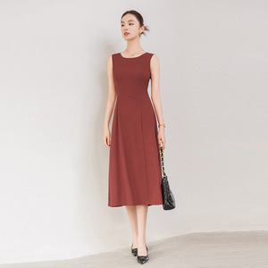 Apricot O-Neck Sleeveless Vest Dress Mid-Length Tight Waist Simple Office Casual Dress - Product Image 1