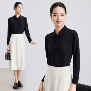 Women's Black Chiffon Blouse Long Sleeve Solid Color Office Wear Shirt For Commuting And Formal Occasions - Product Image 1