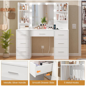 OEM/ODM Custom Bedroom Modern <strong>White</strong> Wood Makeup <strong>Vanity</strong> <strong>Desk</strong> with LED Lighted Mirror &amp; Power Outlet 7 Drawers 4 Shelves 5 Hooks - Product Image 4